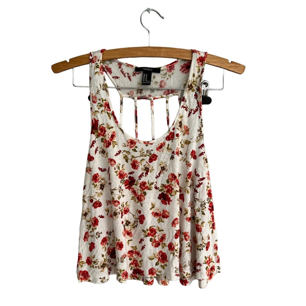 Forever 21 white red floral Crop tank top womens size medium